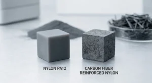 So sánh bề mặt và cấu trúc của linh kiện in SLS 3D làm từ bột Nylon tiêu chuẩn và bột Nylon gia cường sợi carbon siêu cứng.